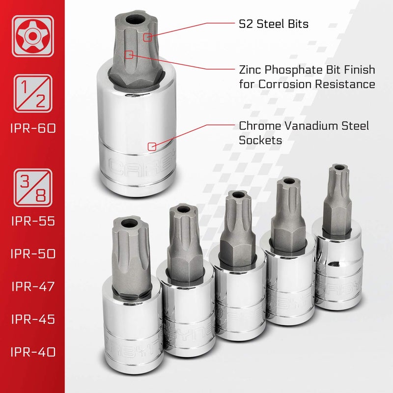 CARBYNE 13-Piece Tamper-Proof Torx Plus (aka 5 Lobe) Bit Socket Set, TPR-8/IPR-8 to TPR-60/IPR-60, S2 Steel Bits, CRV Sockets | 1/4 in., 3/8 in., & 1/2 in. Drive - Image 4